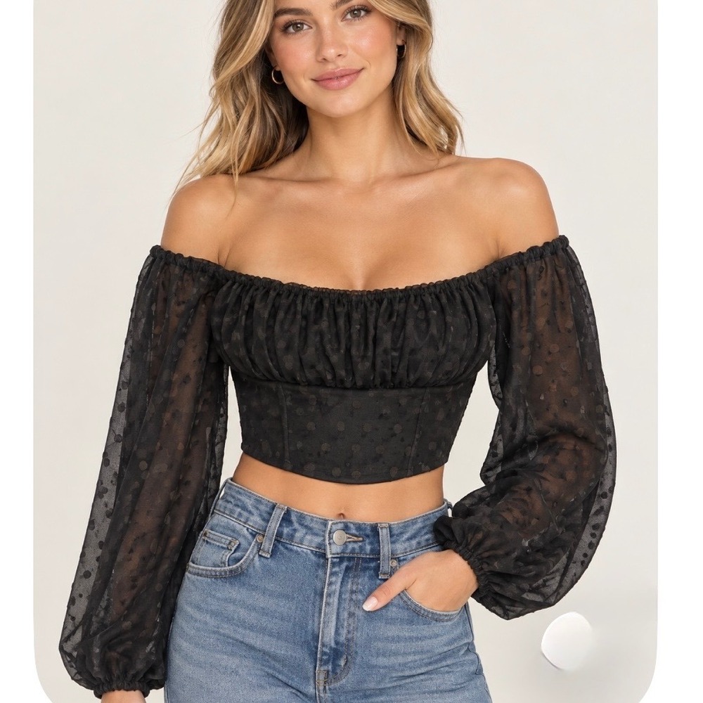 Lulus Black Swiss Dot Mesh Crop Top Balloon Sleeve Off Shoulder Size Med New